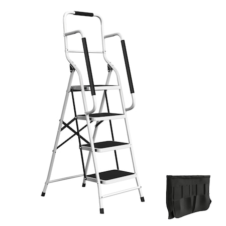 Stalwart 4-Step Stool - Folding Ladder with Handrails, Tool Bag, and 330lbs Capacity by White 561302ESV
